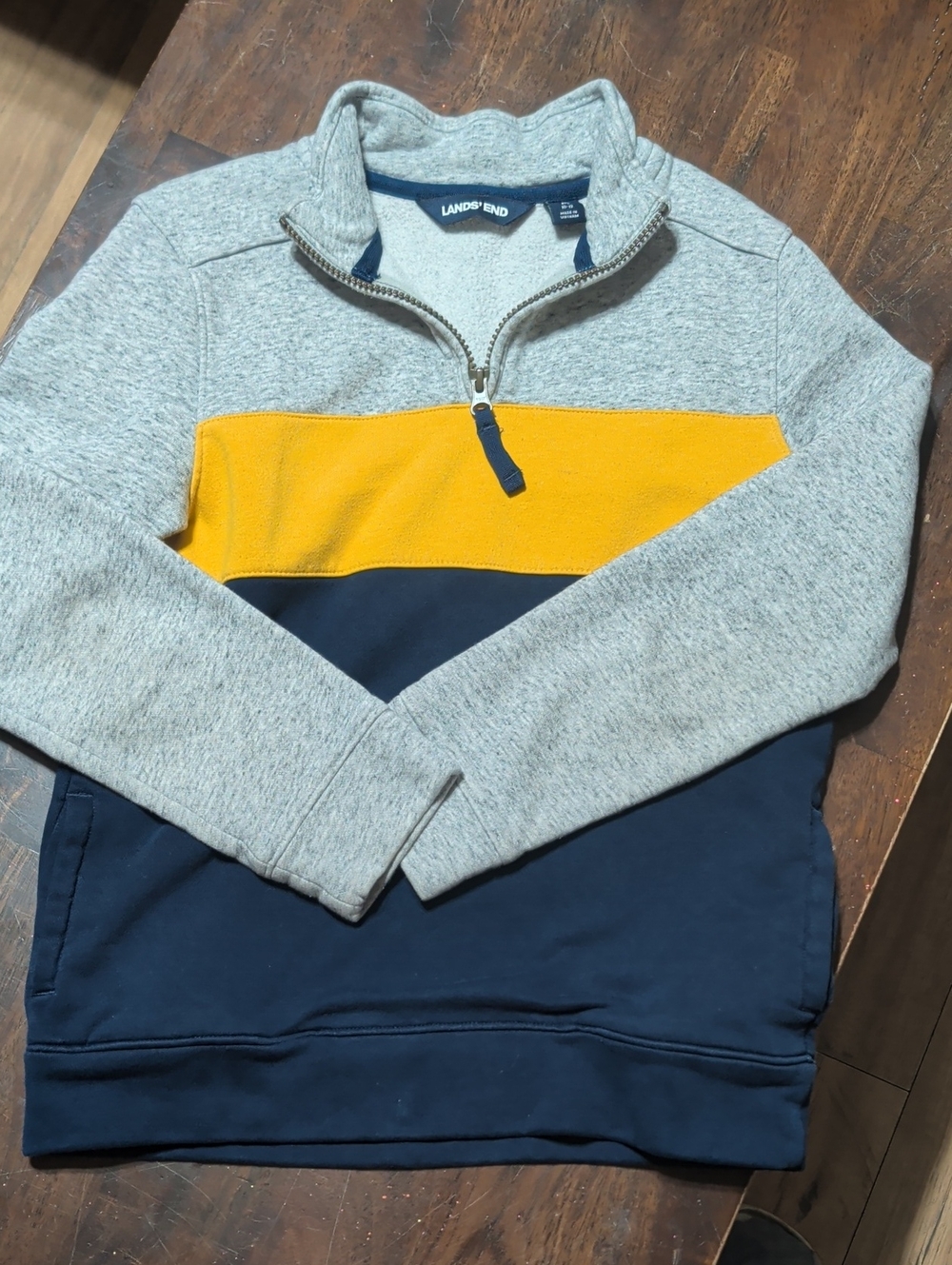 Lands' End boys 10/12 Heather Gray, Navy & Yellow Quarter-Zip Pullover